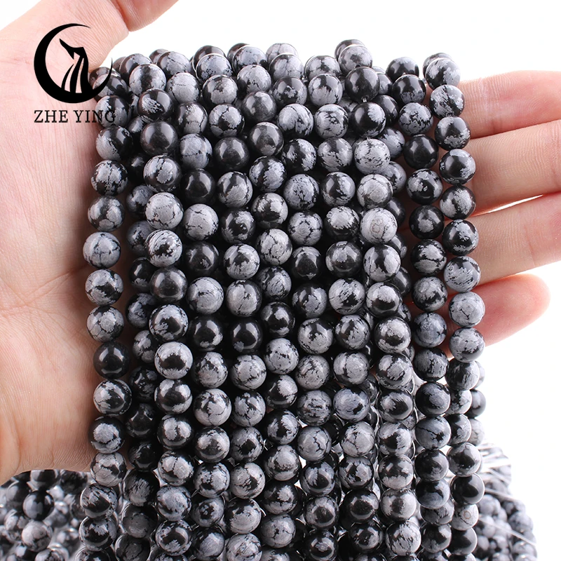 Zhe Ying Natural Snowflake Obsidian Beads Round Smooth Loose Stone Beads for Jewelry Making Diy Accessory