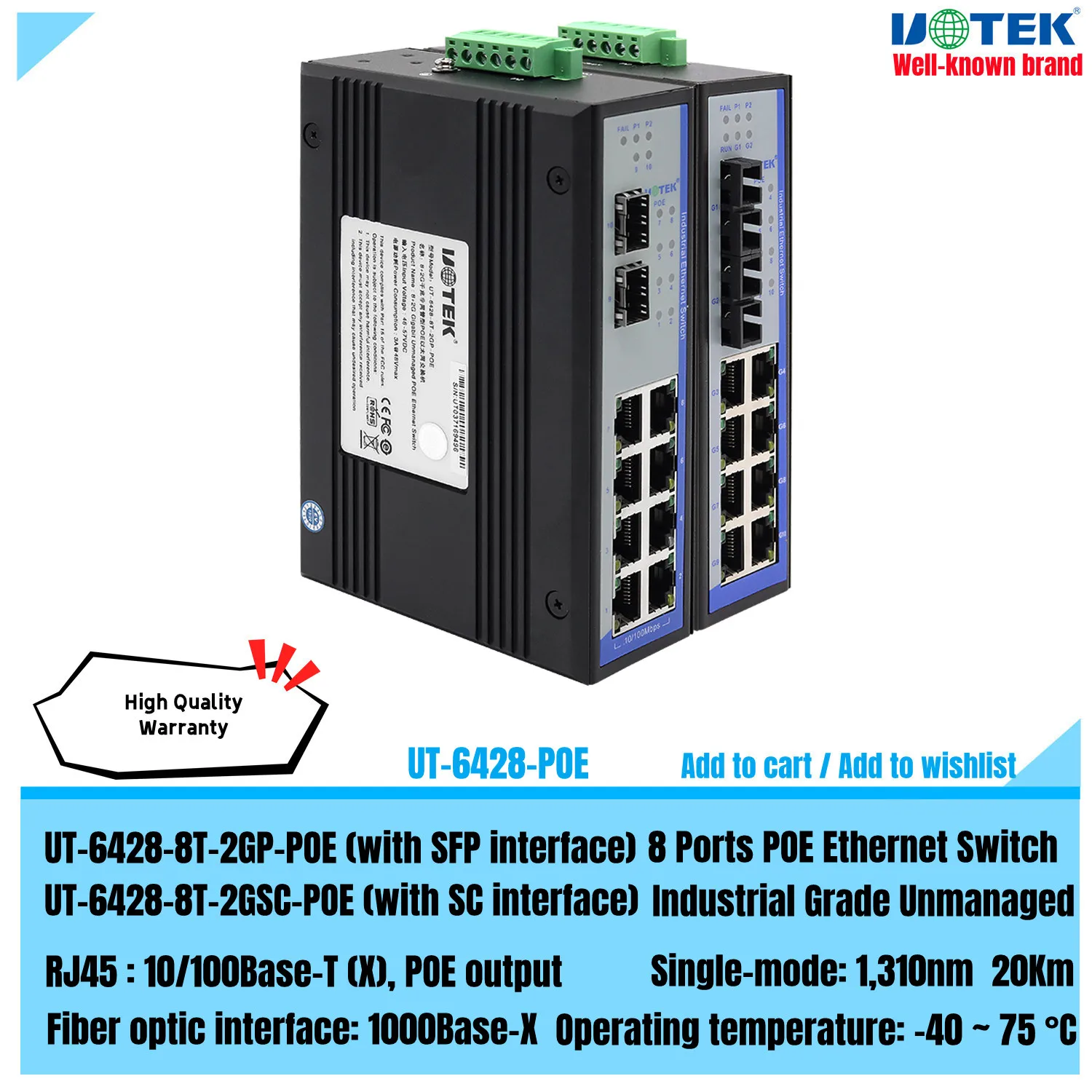 

UOTEK Industrial Grade 8 Ports RJ45 Network Unmanaged POE Ethernet Switch 2 Gigabit Optical Fiber 1000M SEP SC UT-6428-POE