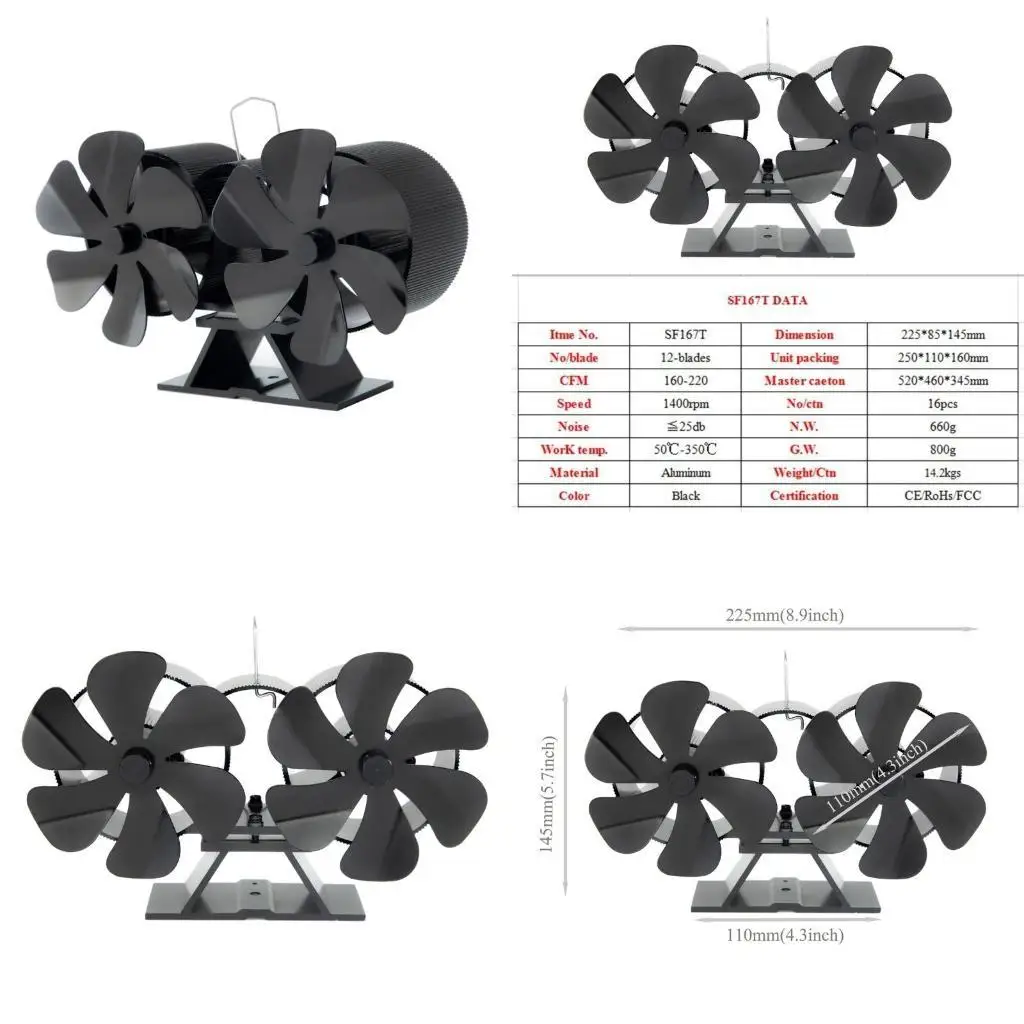 

R9UF Вентилятор для камина 12 лопастей Бесшумные вентиляторы для дровяных печей Не требуется электричество