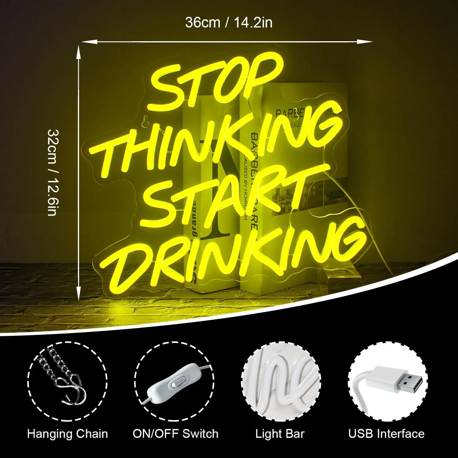 Stop Thinking Start Drinking Neon Sign LED Neon Lights for Wall Decor USB Light for Home Bar Party Club Restaurant Hotel