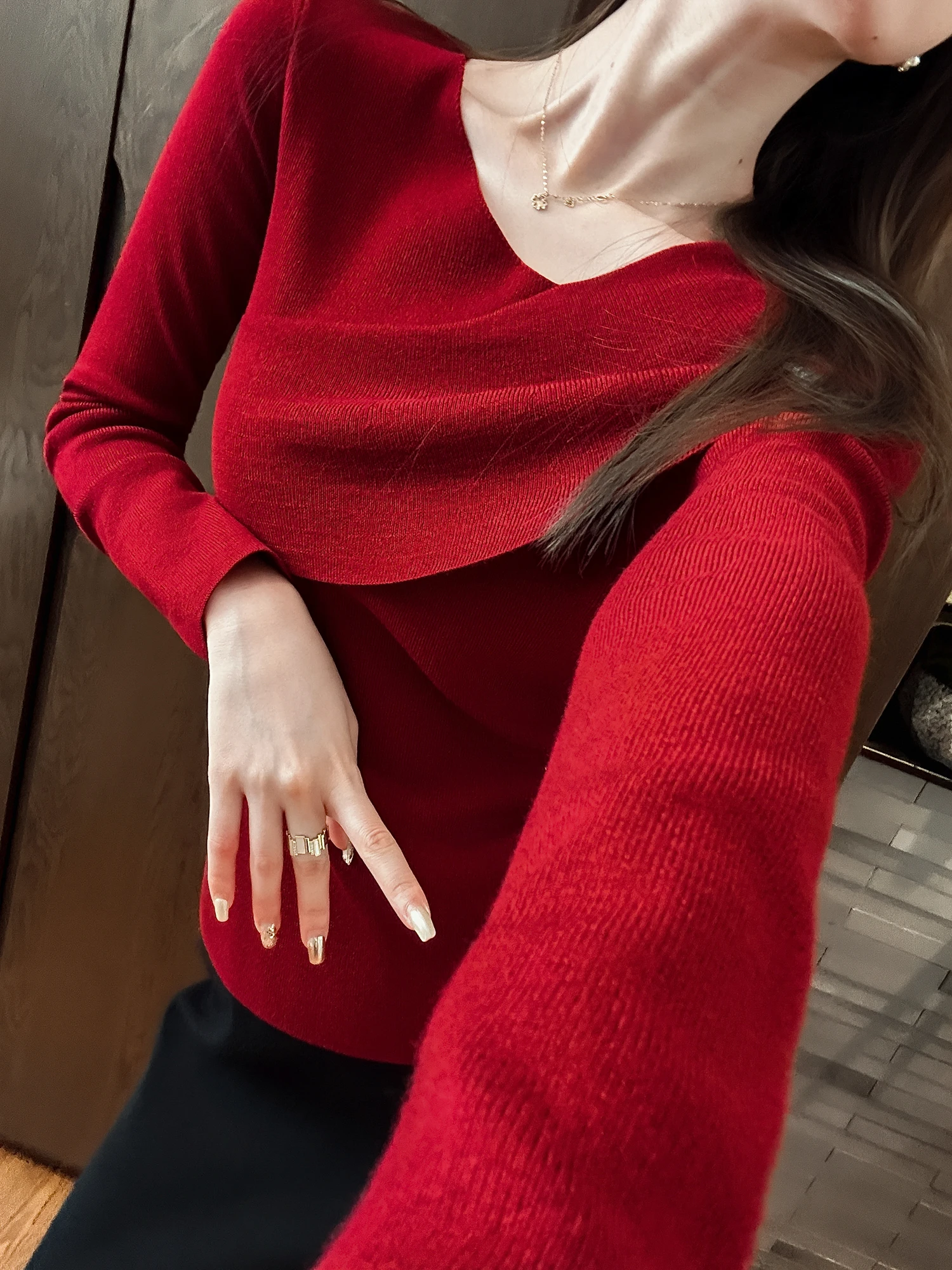 

Cisas New Year Red Woolen Knitted Sweater Lazy Daily Commute Ele Sle Women's Long Sve Thermal Faion Top