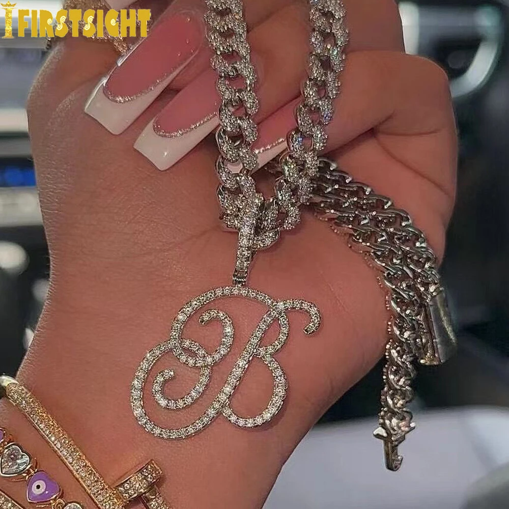 Neue A-Z Cursive Briefe Name Anhänger Halskette Iced Out Cubic Zirkon Gold Silber Farbe Tennis Kette Charme Halsband Hip Hop schmuck