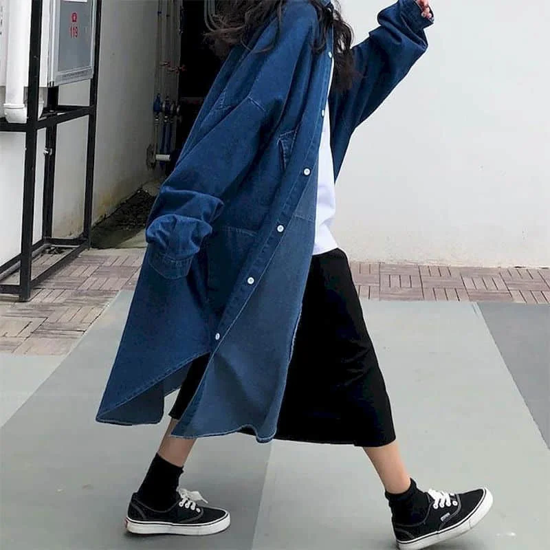 Denim Trench Coats Women Long Sleeve Casual Korean Style Workwear Jackets Vintage Ankle Length Oversized One-piece Women Tops