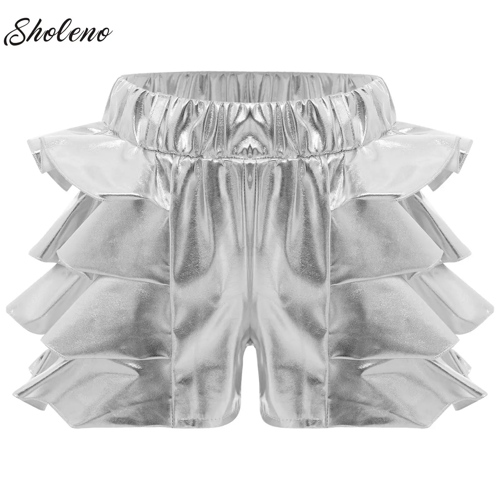 

Kids Girls Metallic Tiered Ruffle Skirt Shorts Metallic Bottoms for Hip Hop Latin Jazz Dancing Stage Performance Ballet Costume