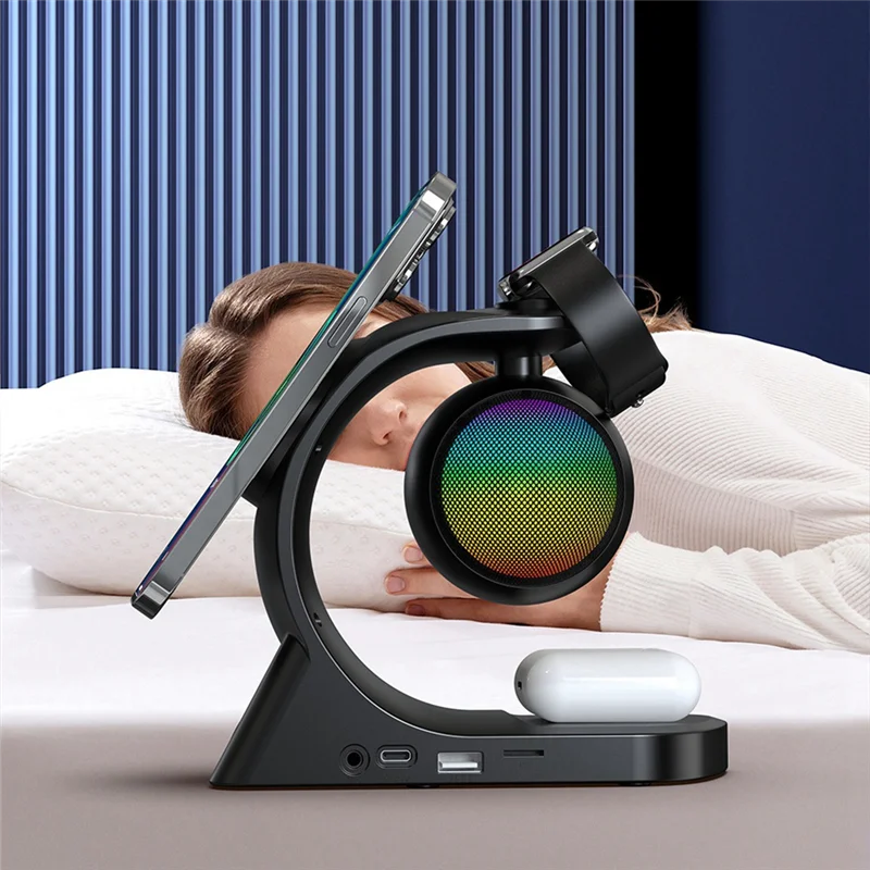 AY03-5 في 1 سمّاعات بلوتوث شاحن لاسلكي مغناطيسي 15 وات شحن سريع لسماعة الساعات للهاتف المحمول العالمي