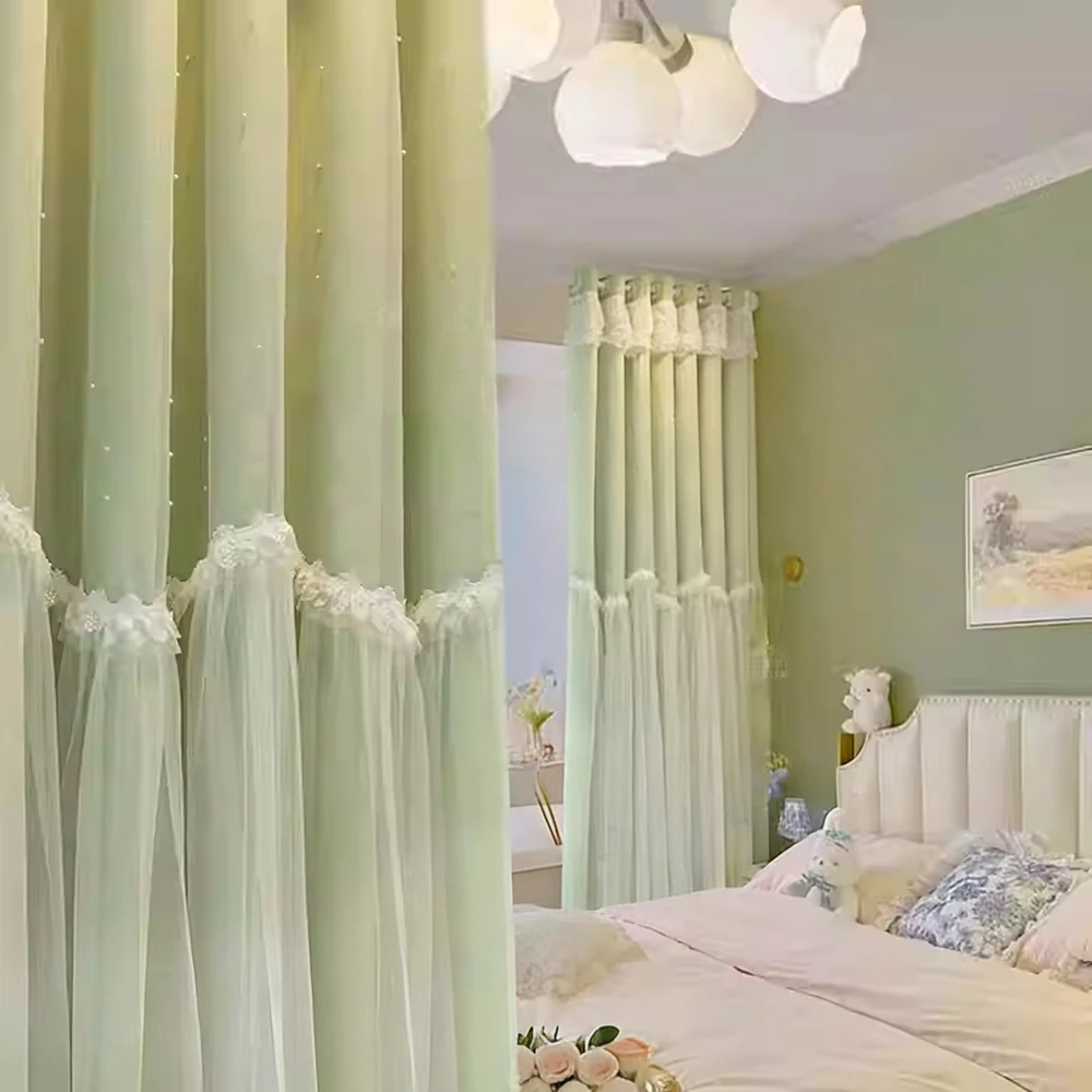 Französische zweilagige Spitzenvorhänge, vollständige Lichtblockierung, Isoliergeräuschreduzierung, dekorativ, für Kinderzimmer, Prinzessinnen-Schlafzimmer, Li