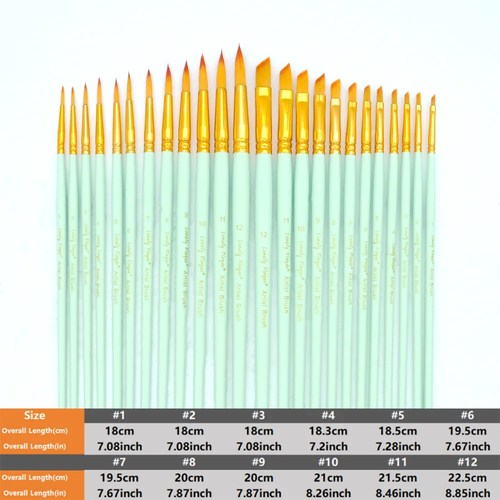 12/24Pcs Green Handle Paint Brushes Set Nylon Round Pointed & Angle Flat Tip for Acrylic Ink Gouache Watercolor Artist DIY Craft