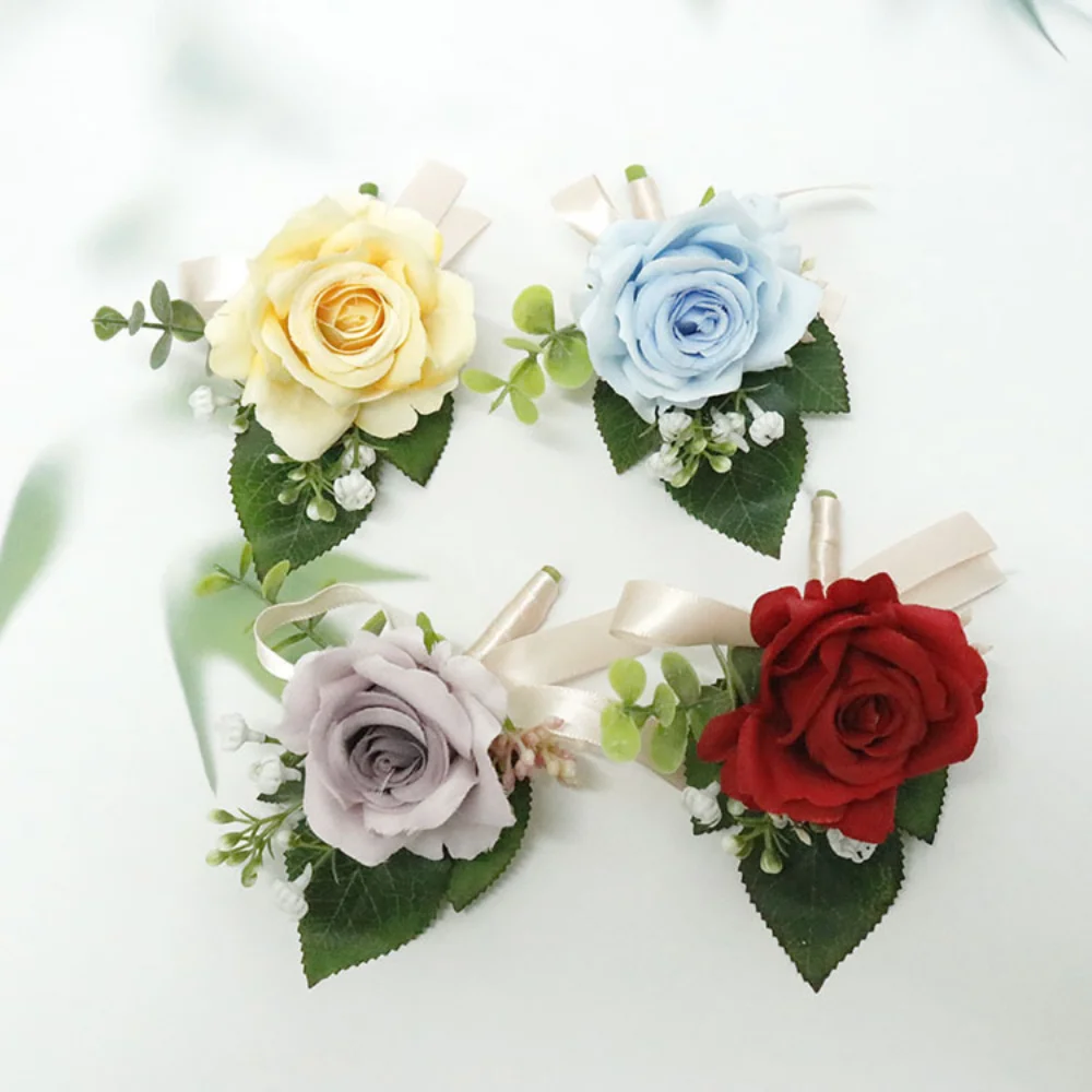 Classic Silk Rose Wedding Boutonnier for Bride Artificial Flowers Pins Groomsmen Wrist Corsage Wedding Party Meeting matrimonios