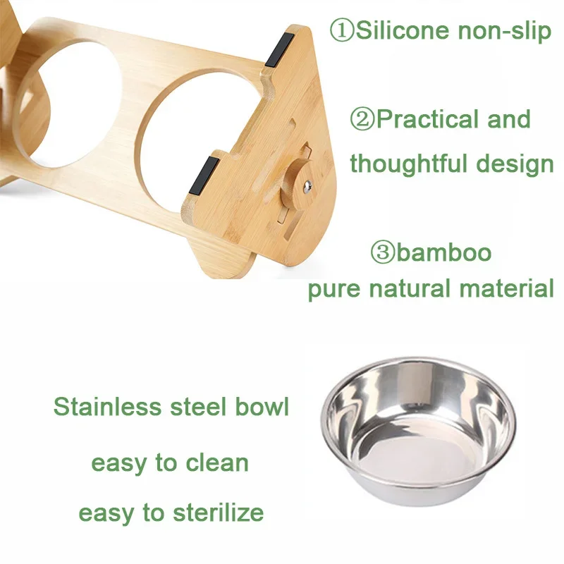 Bamboo Elevated Puppy Cat Bowls with Stand Adjustable RaisedCat Food Water Bowls Holder Rabbit Feeder for Small Medium Pet