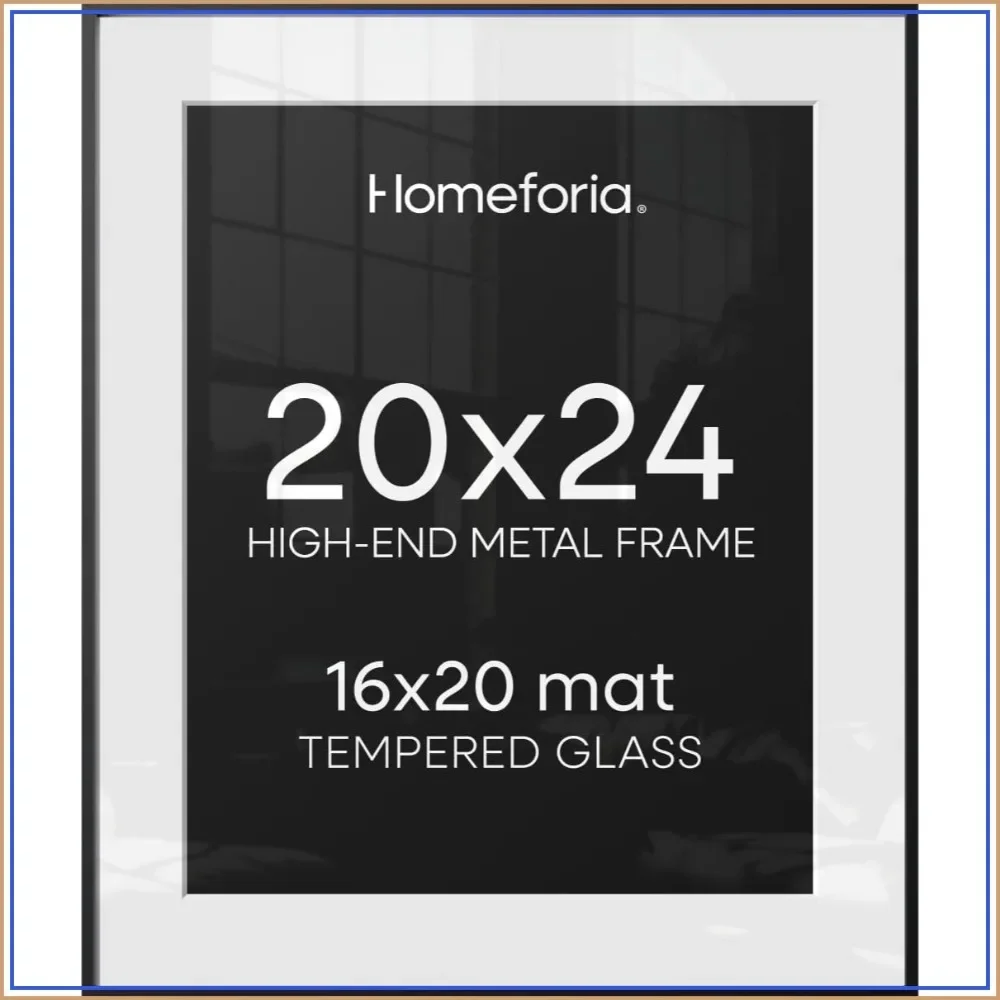 20x24 Black Aluminum Picture Frame with 16x20 Mat, Tempered Glass, Wall Mounting Kit