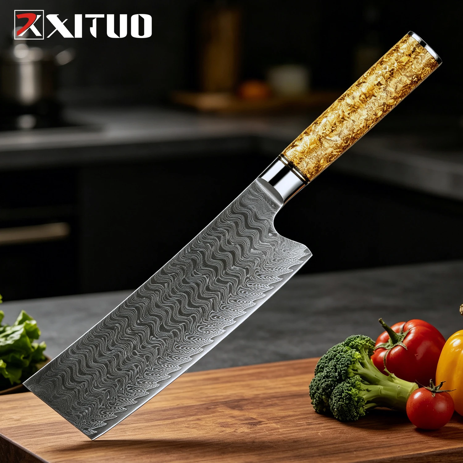 

XITUO Damascus Steel Japanese 7 Inch Nakiri Knife Pro Kitchen Knife for Slicing Meat,Vegetables, with Resin and Gold Leaf Handle