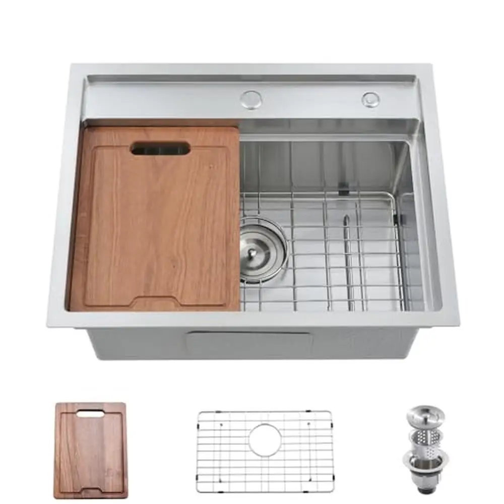 24x19 Topmount Sink Workstation Splash Guard Fast Drainage Noise Reducing Anti-Condensation Multifunctional Dish Grid Cutting