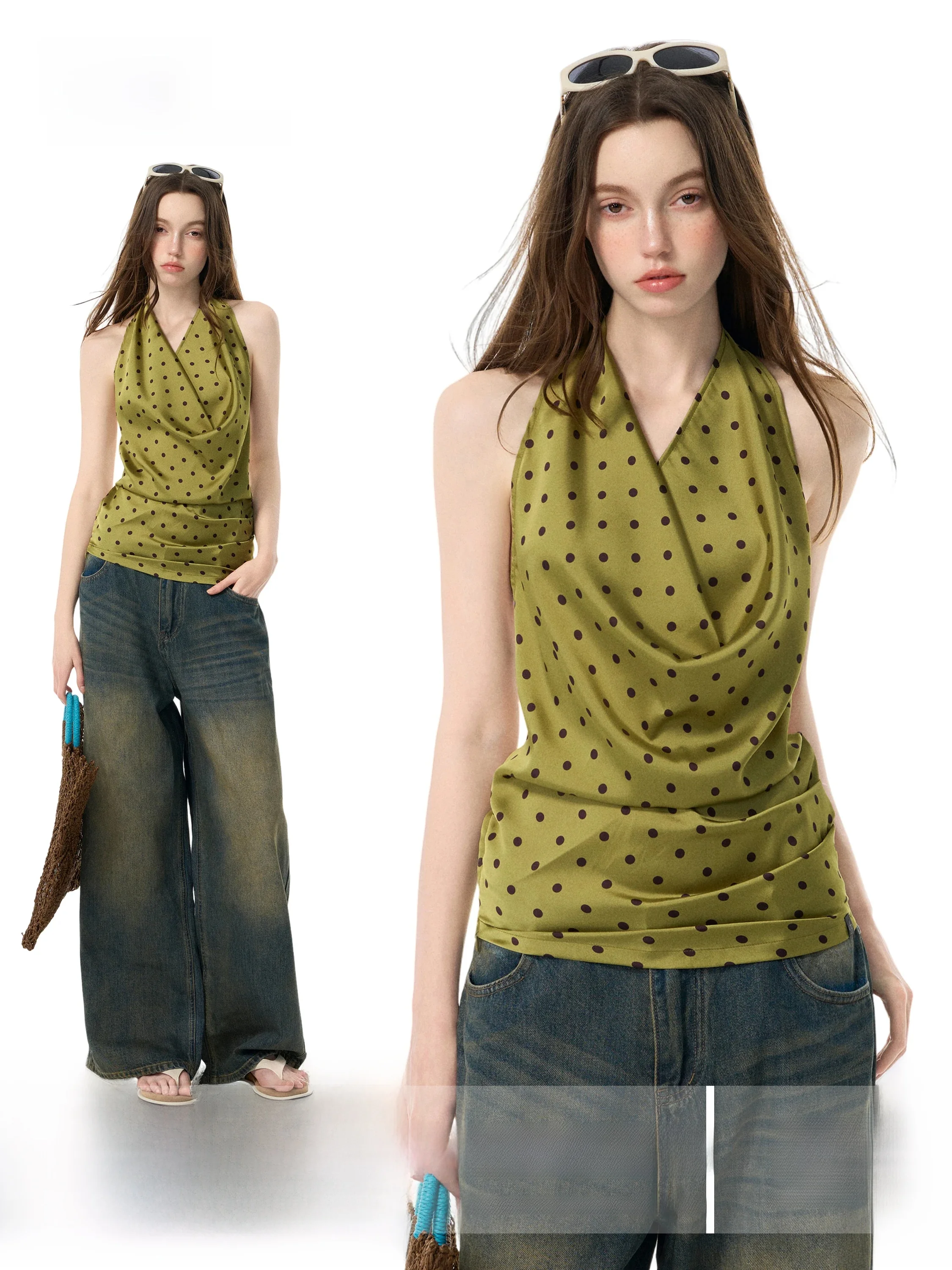 Slim Fit Polka Dot Halter Neck Vest Women's Summer Sleeveless Top Fashionable Baring Back Design Commute Style Green Color