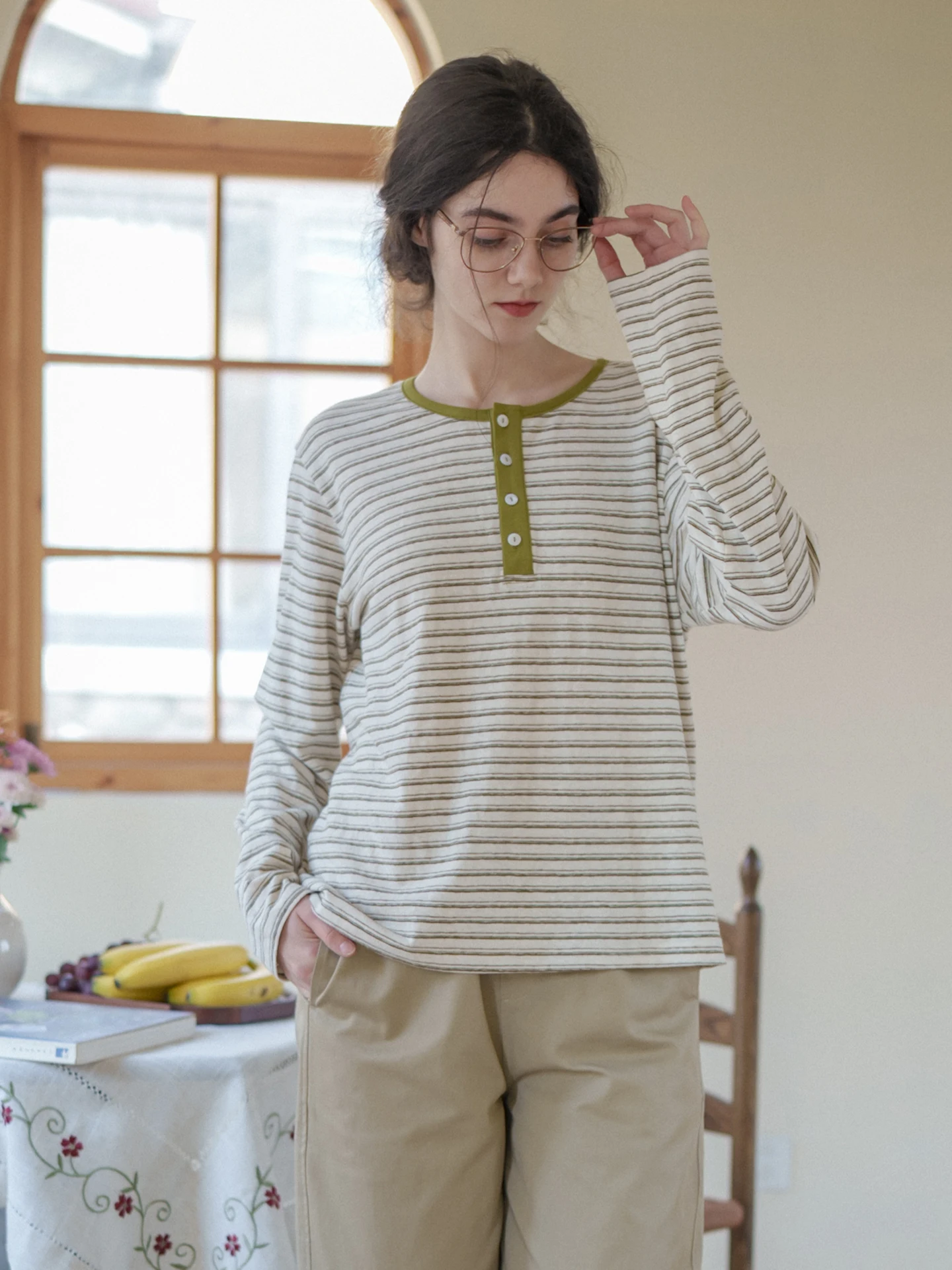 

Organic Cotton Linen Stripe Long Sleeve Loose Women's T-shirt MarchNoon Vintage Henry Collar Casual round Neck Top