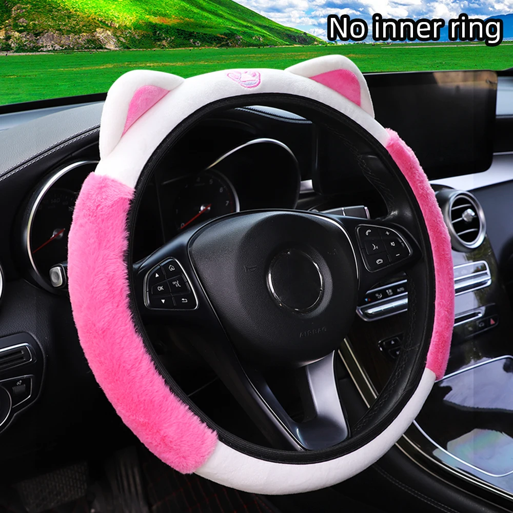Niedliche Katzenohren-Lenkradabdeckung aus Weichem Plüsch, Warm für den Winter, Auto-Handschutz-Zubehör ohne Innenring, Geeignet für 14,5-15 Zoll Lenkräder – Detail 8