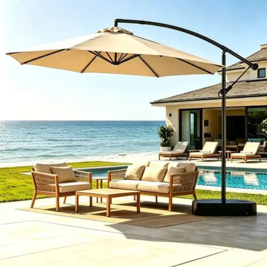 Patio umbrella for outdoor use, aluminum frame with beige fabric, 360 rotation cantilever design for flexible shade adjustment