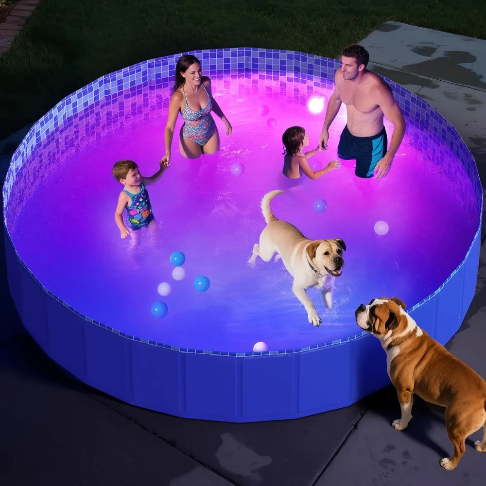 

Foldable Dog Pool with RGB LED Light, 94" Collapsible Hard Plastic Kiddie Swimming Pool with Remote for Small Medium Large Doggi