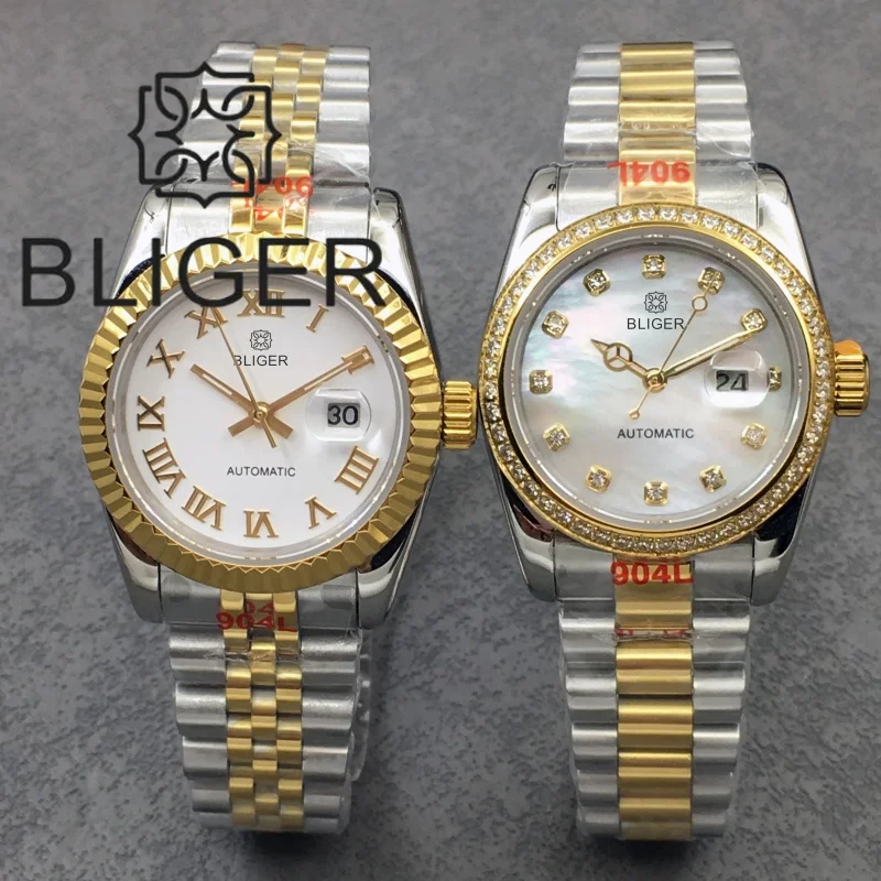 

BLIGER 31 мм двухцветное золото NH05 женские часы римские цифры сапфировое стекло рифленый драпированный бриллиантовый безель автоматический водонепроницаемый