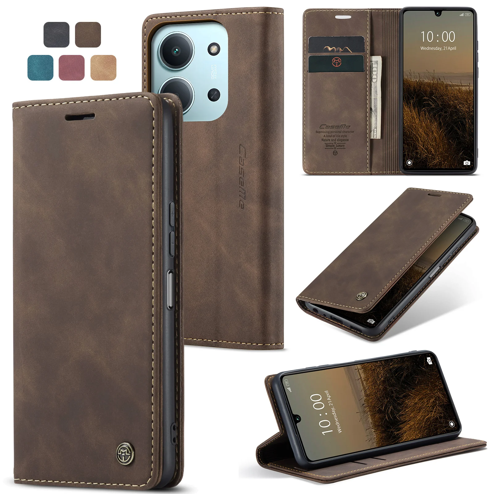 Luxuriöse Retro-Hülle für Xiaomi Redmi 15C 4G, mehrere Kartenfächer, Standfunktion, Handyhülle für Redmi 14C 4G, Leder-Geldbörse