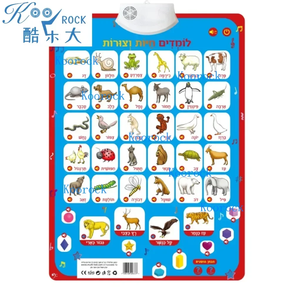 4 pcs Children's Enlightenment Hebrew Voice Electronic Alphabet Wall Chart with Pictures for Toddlers, Israeli Education
