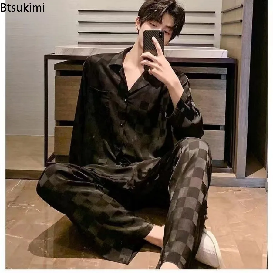 Spring New Men\'s Ice Silk Pajamas Sets Lapel Long Sleeve Jacquard Cardigan+Pants Homewear Suit Men Loose Casual Satin Sleepwear