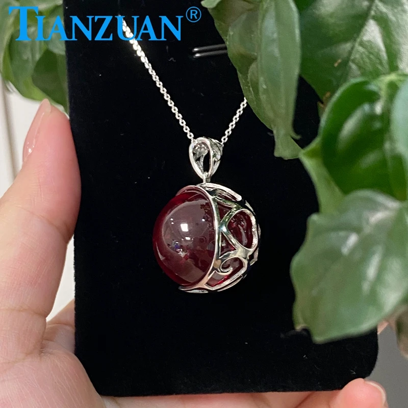 925 Silver Pattern Wrapped Ruby Ball Shape 20mm Red Corundum 86CT Simulation Ruby Fashion Jewelry for Pendant Necklace