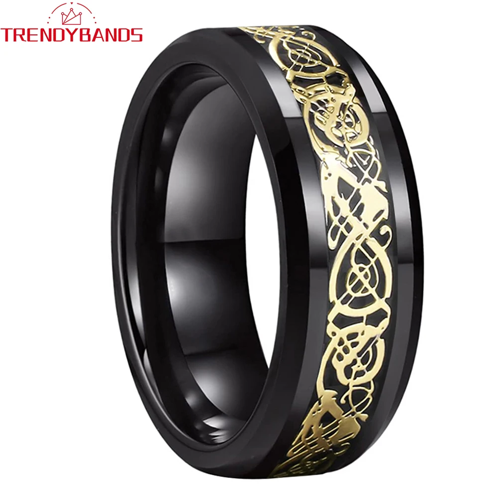 Black 8mm Dragon Carbon Fiber Inlay Tungsten Wedding Bands for Men Women Beveled Edges Polished Comfort Fit