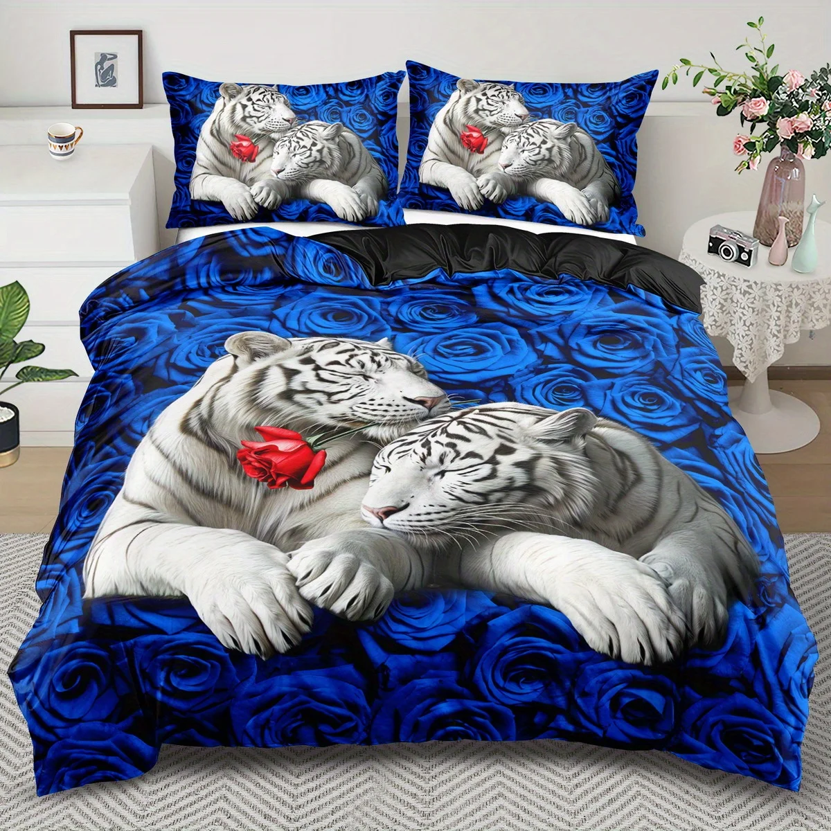 

White Tiger Soft Comfortable Duvet Cover Set Large Red Blue Rose Flower Bedding Set - Queen Size