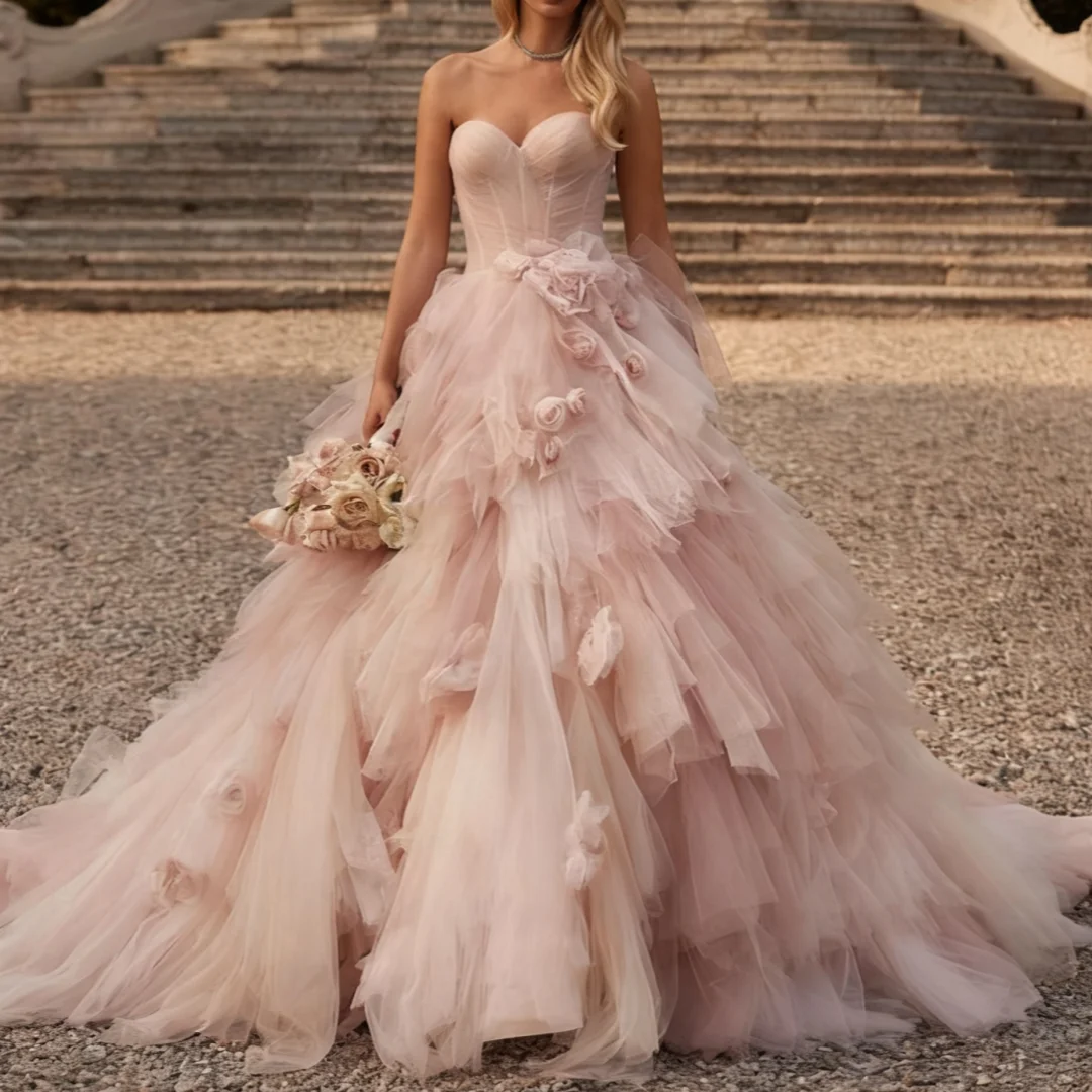 

Fluffy Mesh Flower Decoration Pink Wedding Party Prom Dresses Lucy Gowns Women's Women Evening Dress Customized