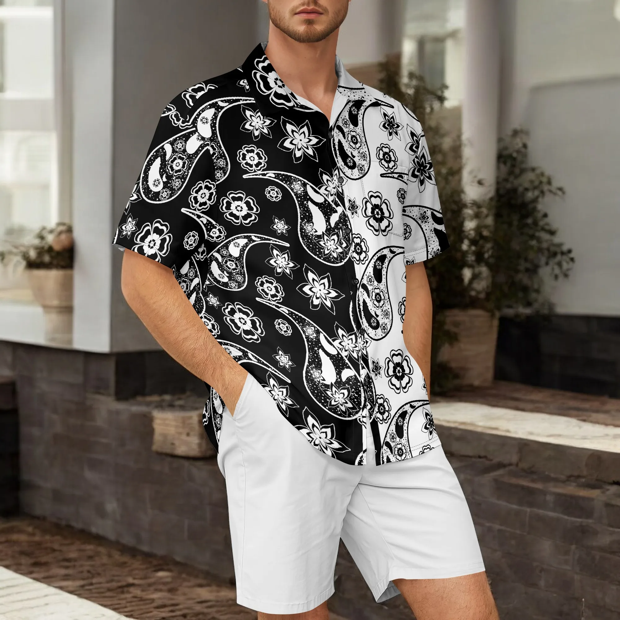 

YEAE Black White Paisley Print Shirt for Men Summer Casual Short Sleeve Top