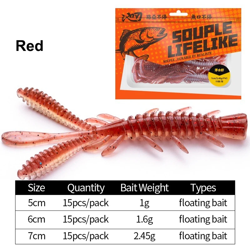 15-teiliges Set Schwimmende Garnelen-Softköder für Drop-Shot-Angeln, Bass, Mandarin-Fisch, Angelwurm-Set, Süßwasser-Angelausrüstung, Sortiertes Set