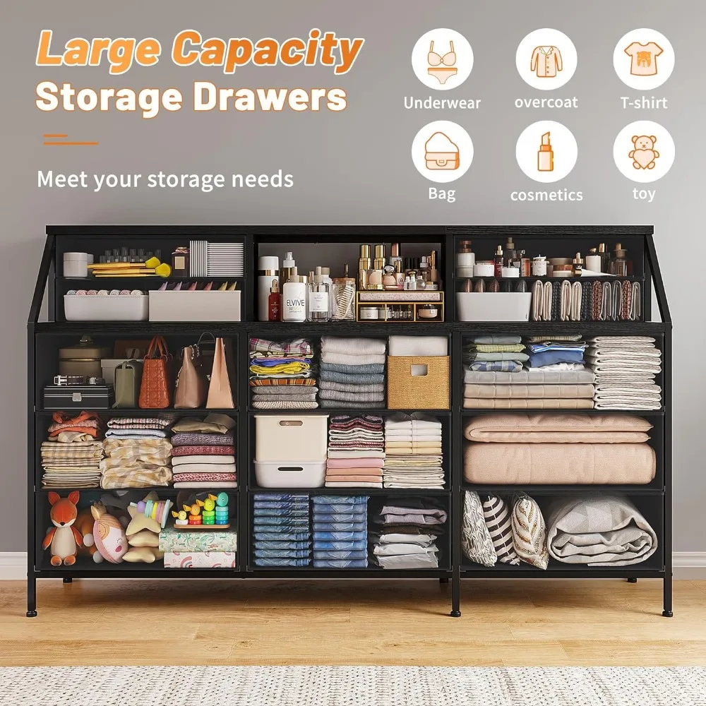 55”W Black Dresser, Dresser for Bedroom, Dresser with 13 Large Drawer Chests of Drawers,Long Dresser for Closet with 2 Shelves