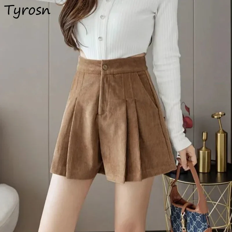 Shorts Women Autumn Solid Folds Design Classic Loose Leisure Retro Corduroy All-match Comfortable American Style Simple Fashion