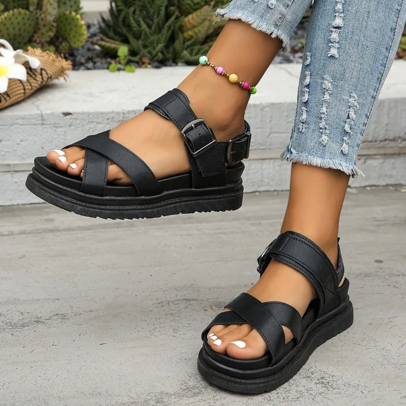 New Black Open Toe Flatform Wedges Shoes Woman Summer Beach Sandals Sexy Women Plus Size PU Leather Sandalias Plus Size 43