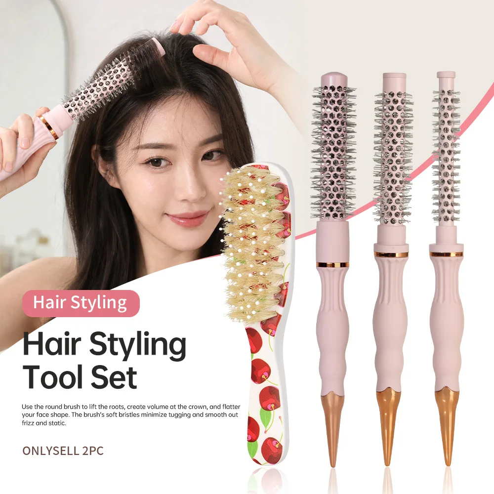 2-Piece Hair Styling Comb Set: Hollow Heat-Conducting Ceramic Roller Comb + Cherry Bristle Smoothing Comb for High-Volume Hair, Smoothing Frizz, Home Salon Hair Styling Tools