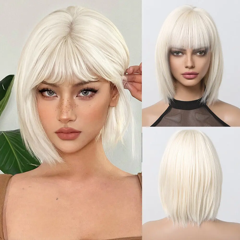 Women Heat Resistant Hair Dress Up Wig With Fringe Bob Straight Platinum blonde