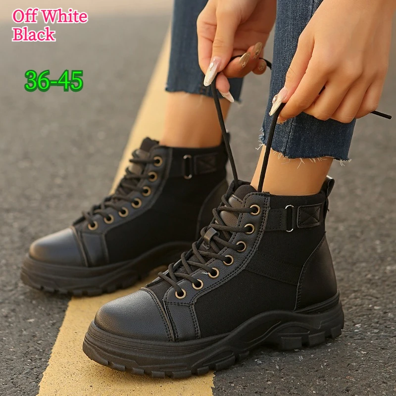 Women High Top Sneakers Canvas Patchwork Lace Up Ankle Ladies Boots Chunky Platform Non Slip Walking Shoes Ladies Women's Boots