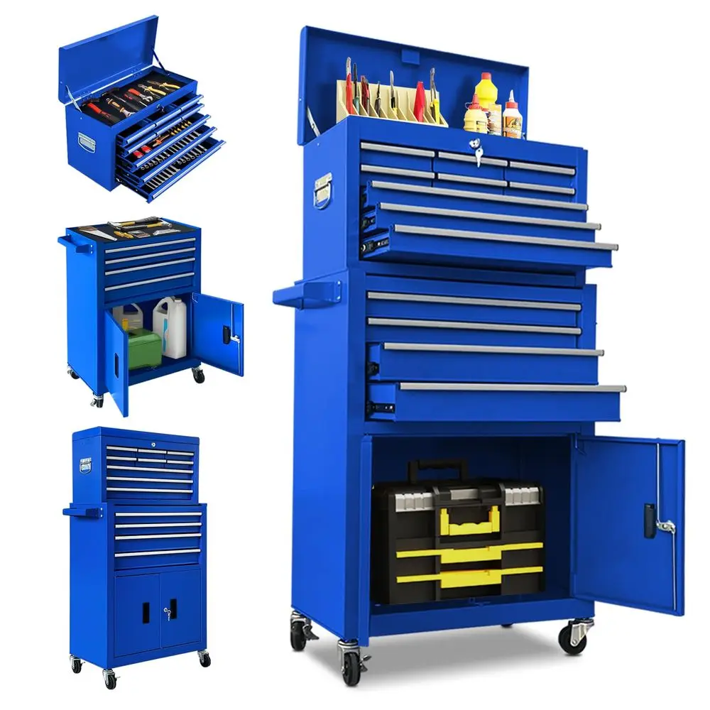 Drawer Rolling Tool Chest with Double Door, 2 in 1 Detachable Tool Box with Lock, Heavy Duty Rolling Tool Cabinet with Wheels a