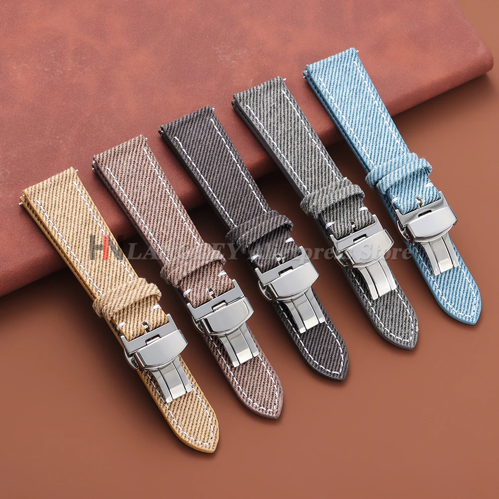 Denim Sailcloth Watchband Leather Watch Strap 18mm 20mm 22mm for Seiko for Rolex Band Butterfly Buckle for Men Women Sport Belts image 4