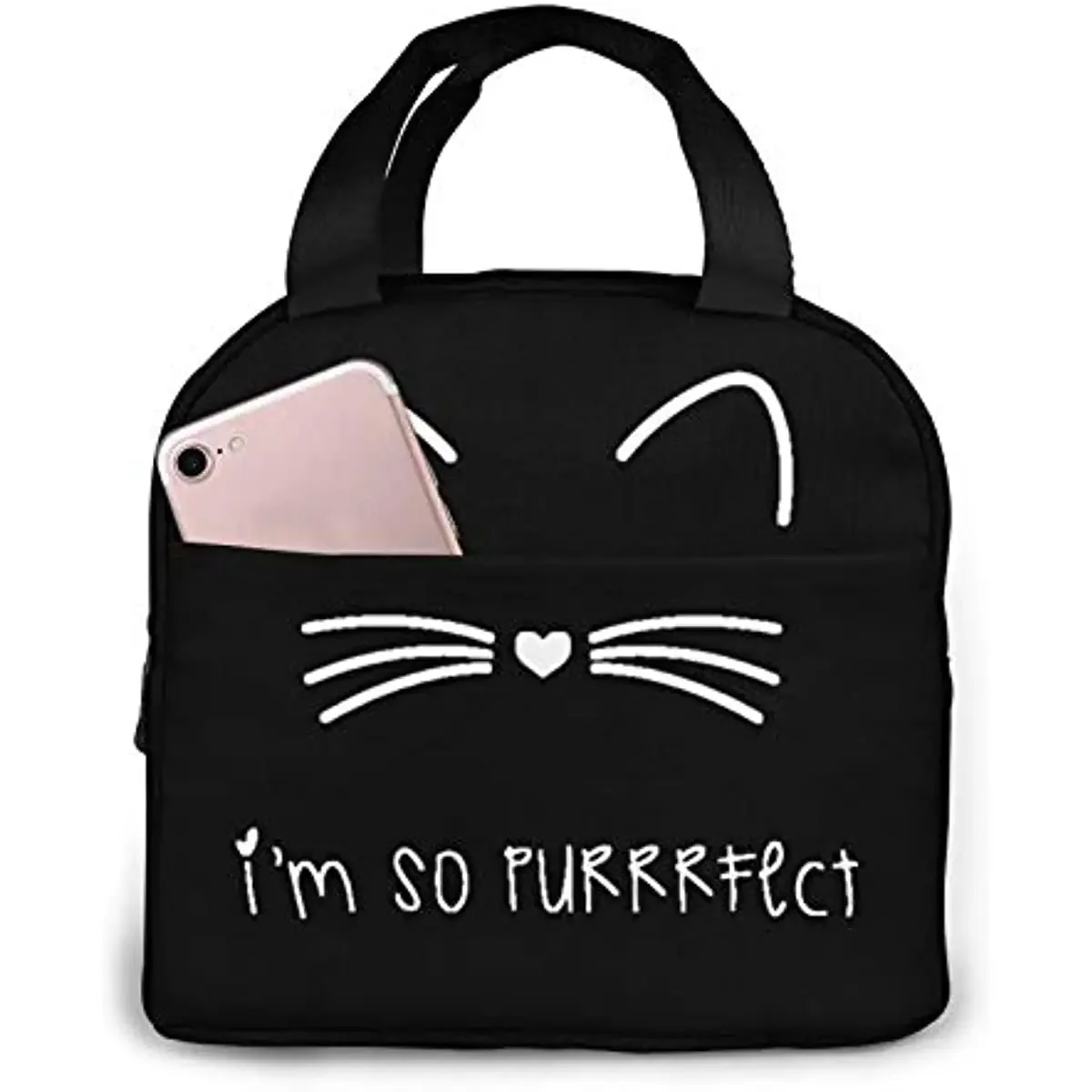 Black Cat Lunch Bag for Women Insulated Lunch Box with Front Pocket for Work Reusable Cooler Tote Bag for Office School Picnic