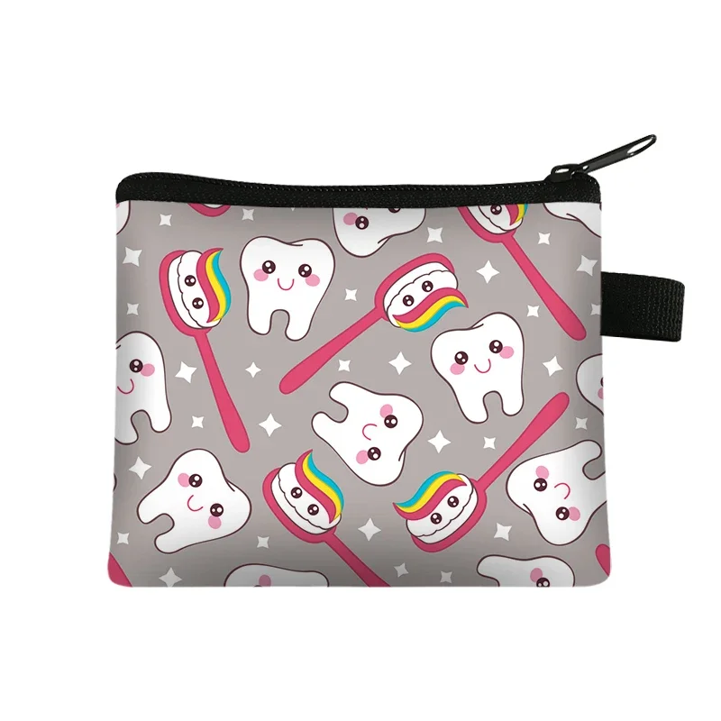 Cute Teeth Print Coin Purse Women Wallet Tooth Fairy Small Clutch Bag Candy Money Coin Bags Dental Clinic Mini Purses Gift