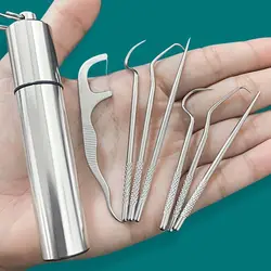 1set-Stainless Steel Toothpick Set Tooth Flossing Reusable Toothpicks Portable Toothpick Floss Teeth Cleaner Oral Cleaning