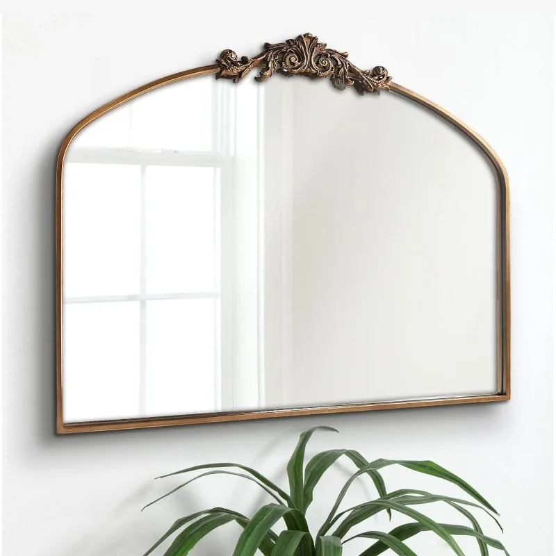 Gold Arched Mirror,Baroque Brass Fireplace Mirror Decor, Victorian Vintage Mirror with Full Matel Frame,Ornate Mirror