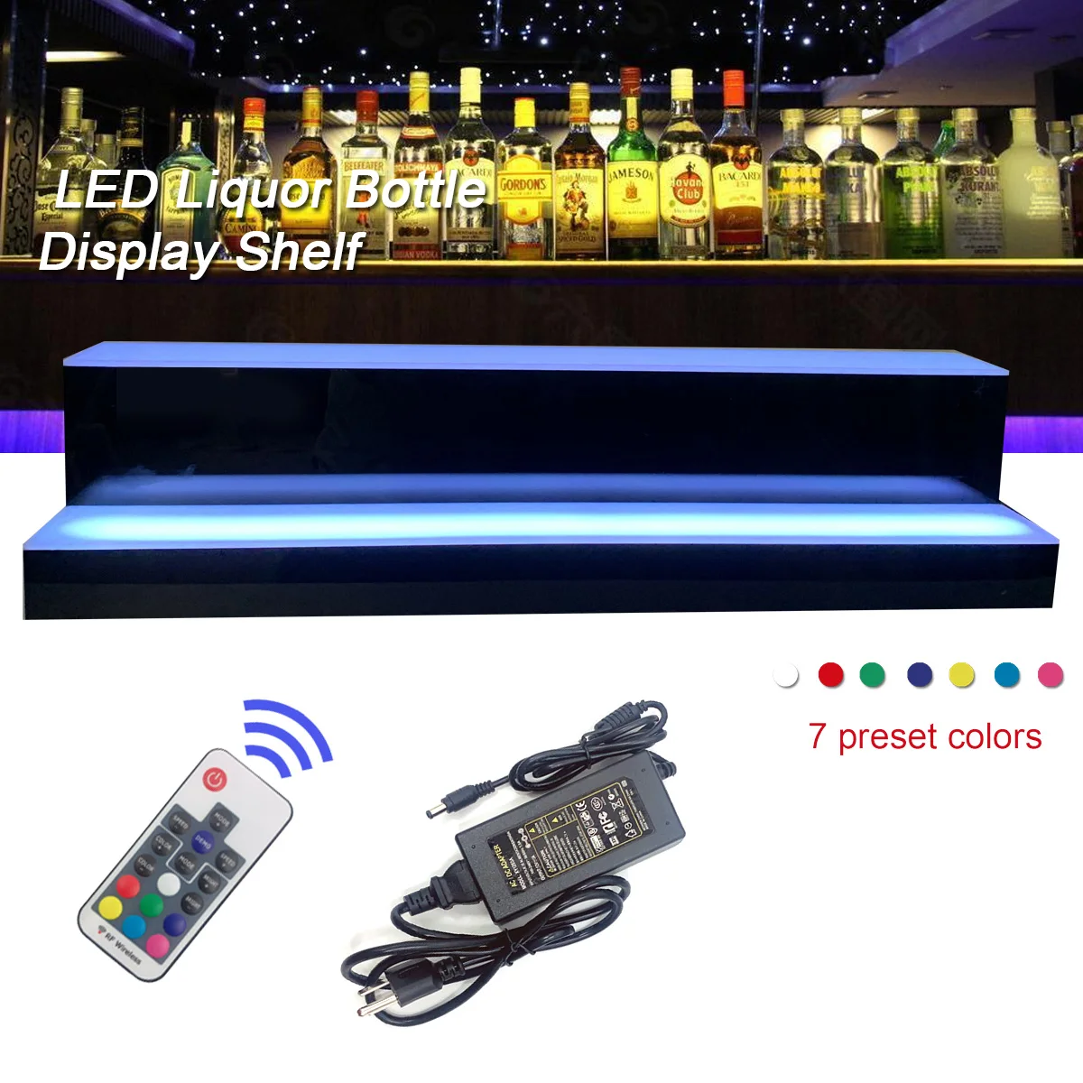 

Liquor Bottle Display Shelf, LED Bar Shelves for Liquor, 2/3/4 Step 7 Colors Lighted Acrylic Shelf Home/Commercial Bar