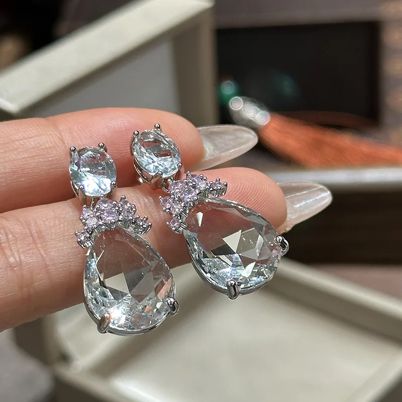 

Sparkling Clear Crystal Teardrop Dangle Earrings with Oval Top Pink Accents Elegant Statement Jewelry for Wedding Bridal Party