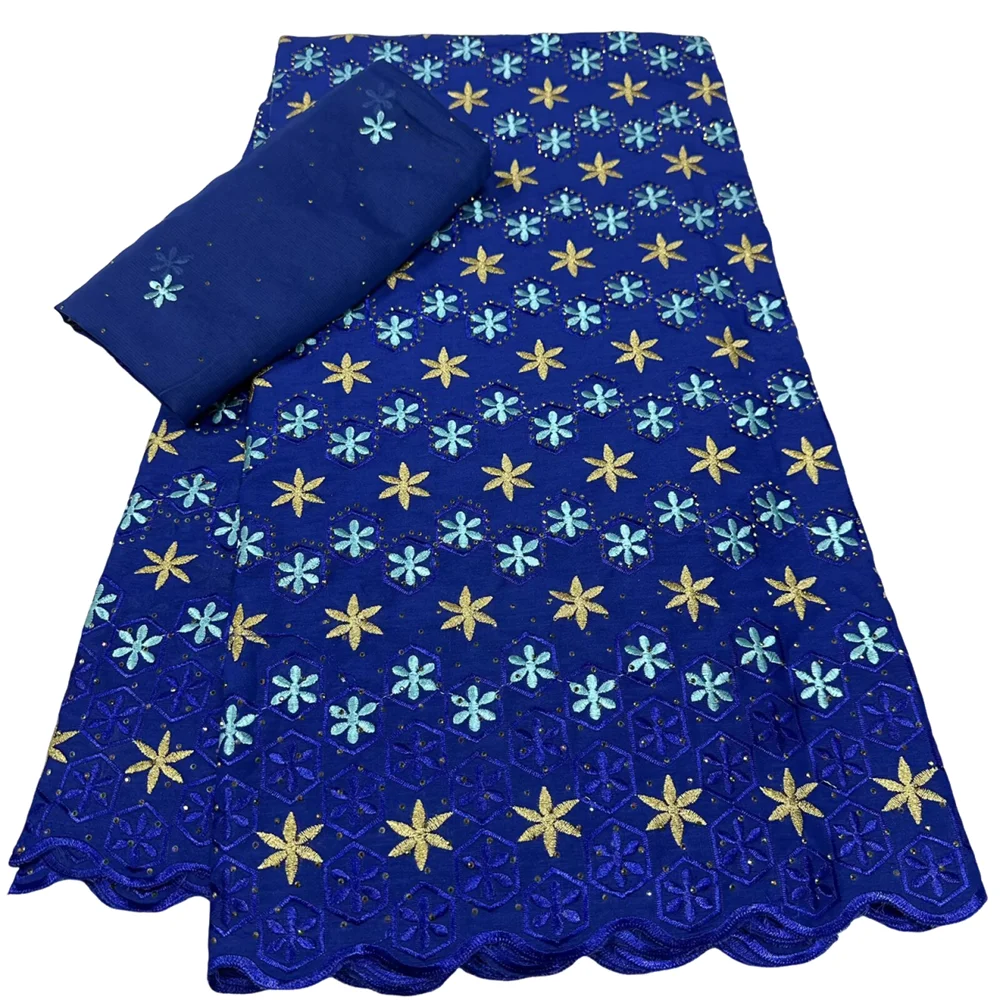 

Popular 5Yards White Gold African 100% Cotton Lace Fabric Embroidered Swiss Voile With Stones For Wedding, Prom & Formal Dresses