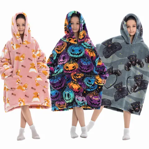 Halloween abóbora hoodies para meninos meninas inverno grosso flanela moletom com capuz crianças roupas cobertor de grandes dimensões com capuz