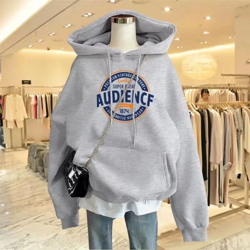 

DAYIFUN-Oversize Hooded Sweatshirt Women Fleece Letter Print Hoodies Pullovers Coat Monochrome Top Female Clothing Autumn Winter