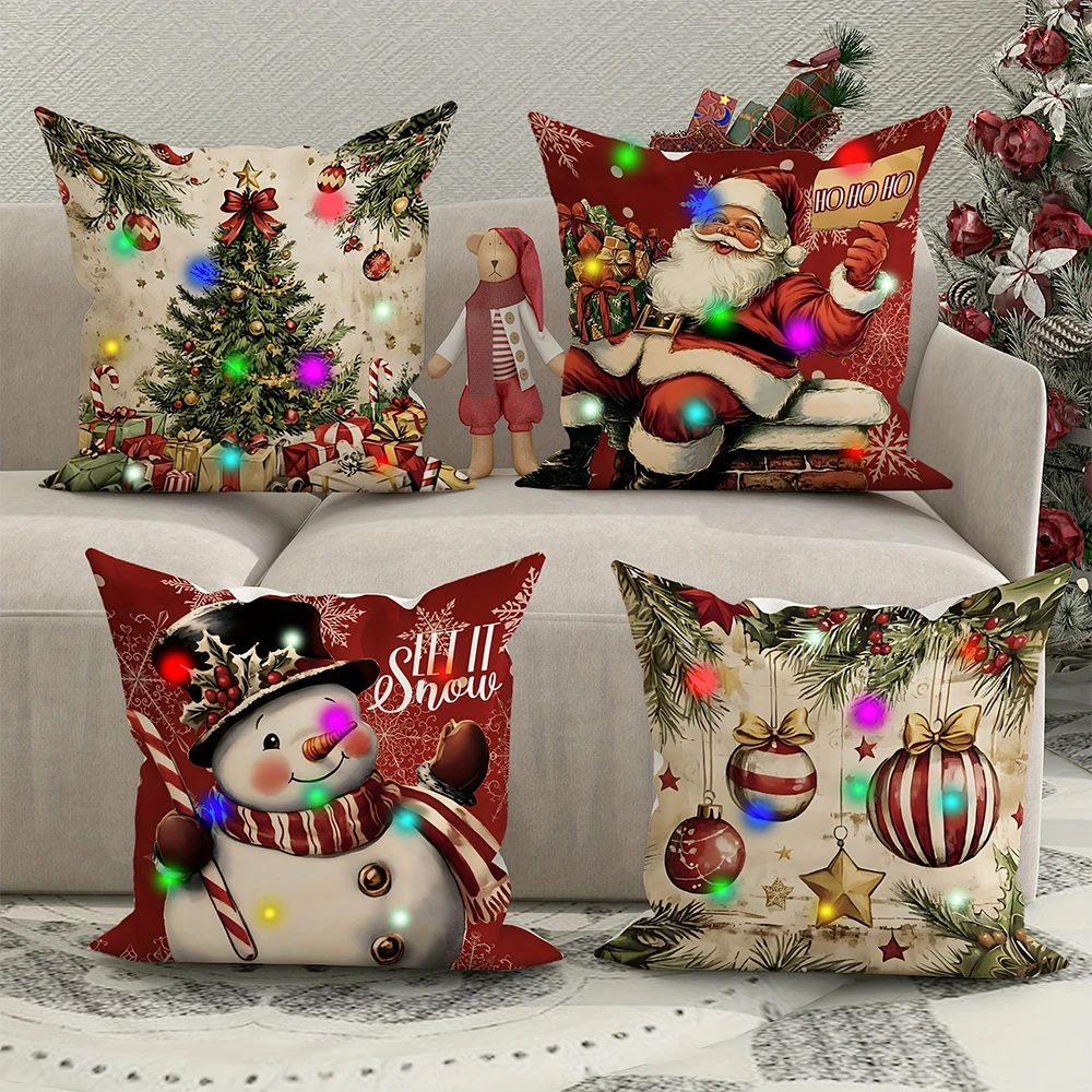 Retro Santa Claus Christmas Tree LED Pillowcase Holiday Party Supplies Super Soft Skin-friendly Pillowcase Christmas Decoration