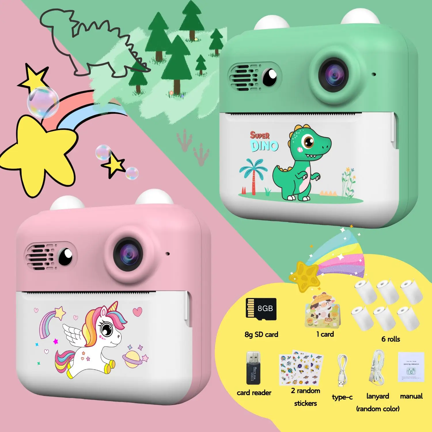 

Kids Instant Print Camera with Games Pink Green Dinosaurs Cute Mini Digital Toy Camera for Boys Girls Birthday Christmas Gifts